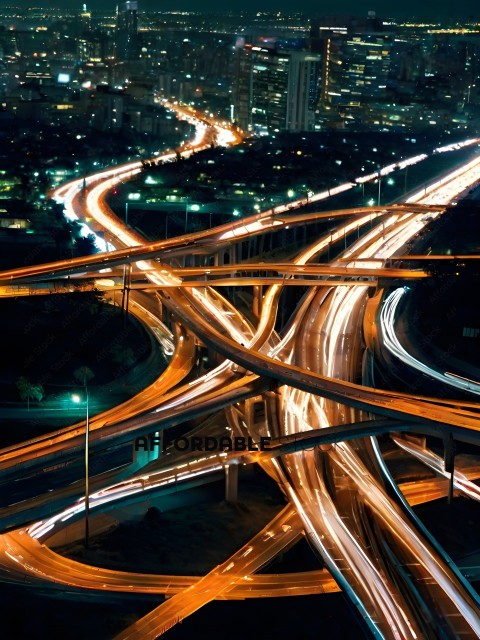 A nighttime view of a busy highway with many lanes and interchanges