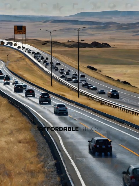 Highway with many cars and trucks driving on it