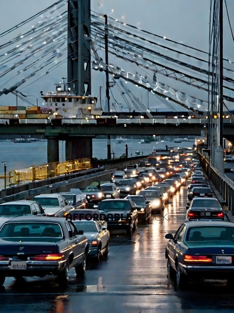 Cars on a bridge with a ship in the background