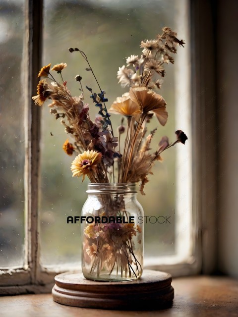 A vase of dried flowers in a window
