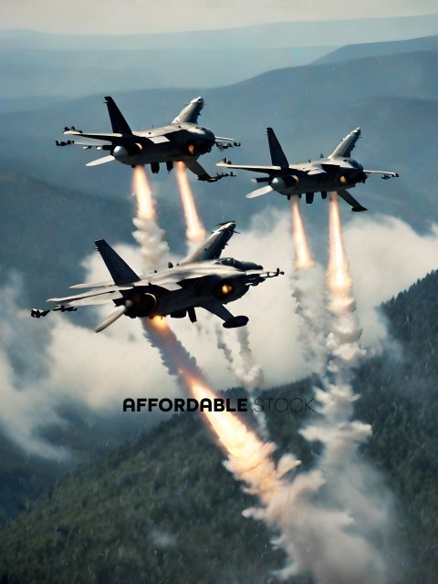Four planes flying in formation over a mountain range