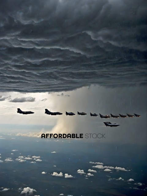 Planes flying in formation over a storm