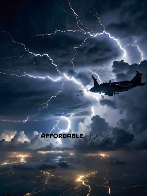 A plane flies through a stormy sky with lightning