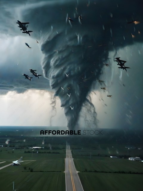 A tornado is forming over a runway with planes flying in the sky