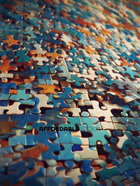 A close up of a jigsaw puzzle with a blue and orange background