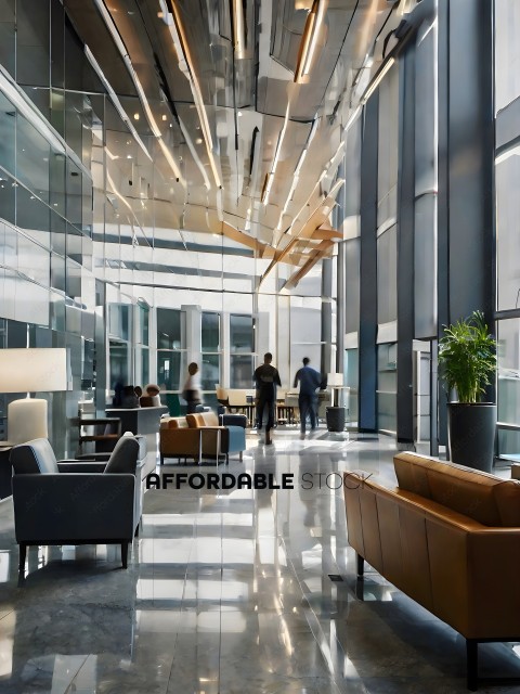 A group of people walking through a modern office building