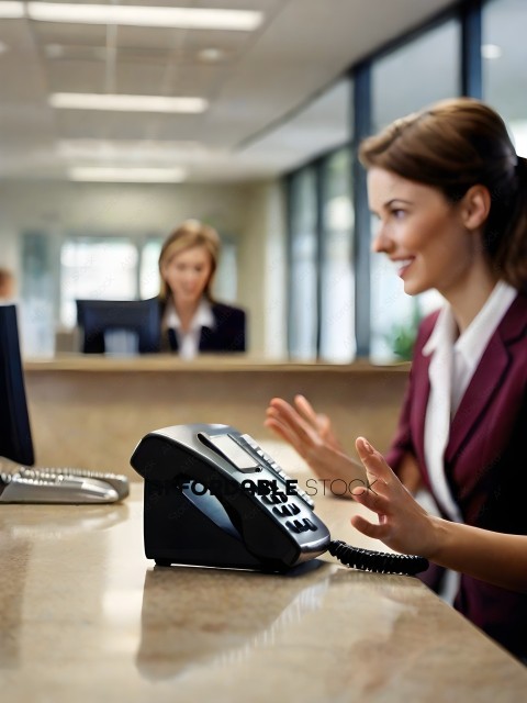 A woman in a business suit is talking on a telephone