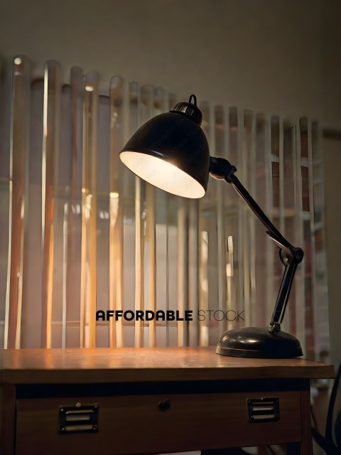A black desk lamp with a white shade