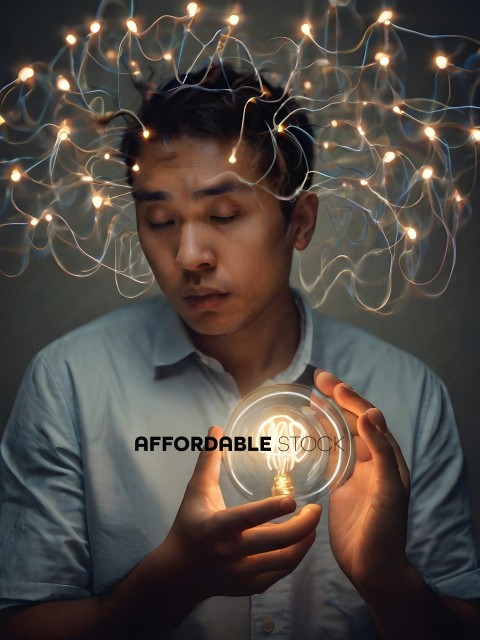 Man with light bulb in hand and light bulbs in his hair
