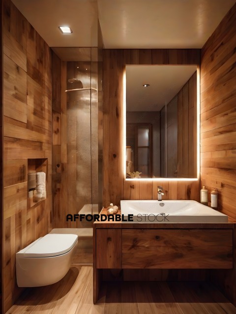 A bathroom with a wooden sink and mirror