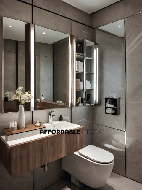 A modern bathroom with a wooden sink and mirror