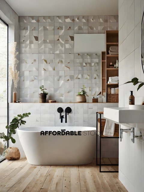 A white bathtub in a bathroom with a mirror