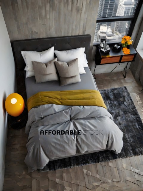 A bed with a yellow blanket and grey pillows