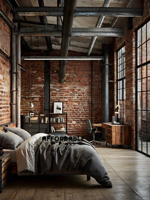 A bedroom with a brick wall and a large window