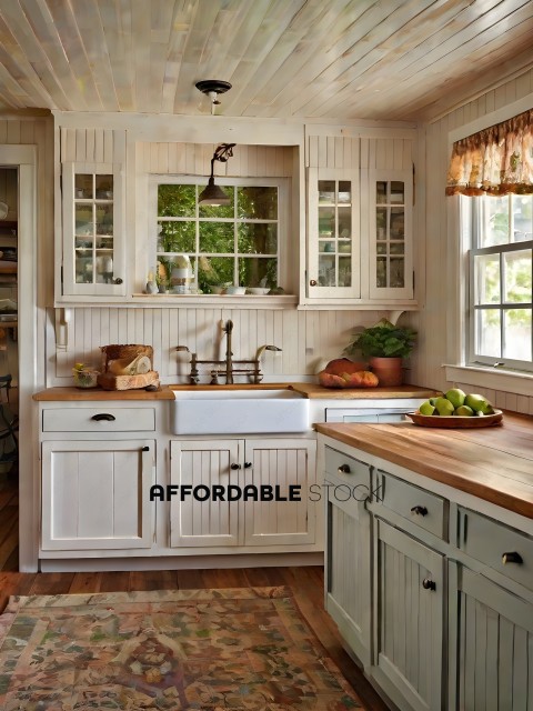 A kitchen with white cabinets and a wooden counter