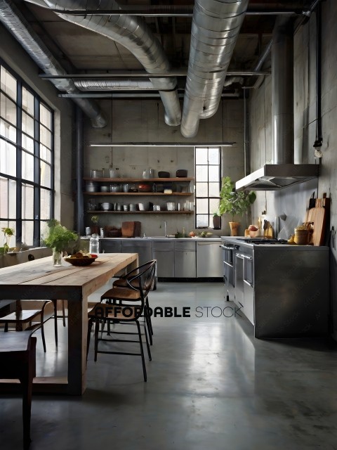 A large, open kitchen with stainless steel appliances and a wooden table