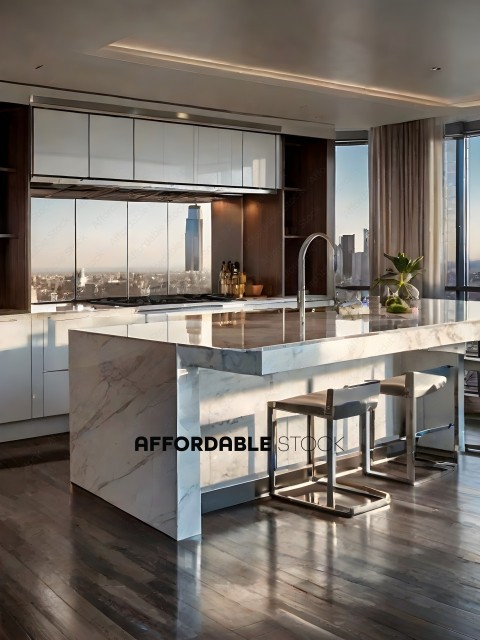 A modern kitchen with a marble counter and stools