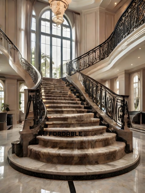 A grand staircase with a marble finish