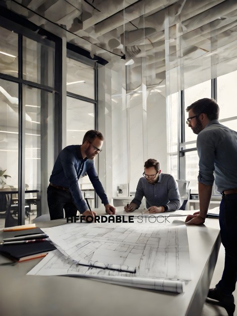 Three men working on a large architectural drawing