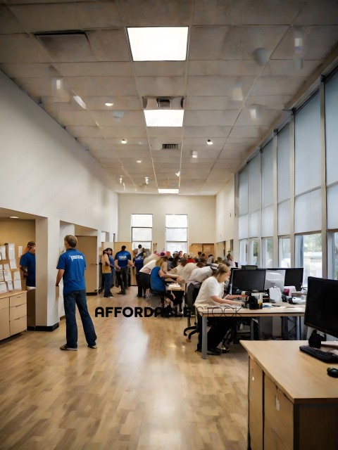 Office workers in a large room with a lot of windows