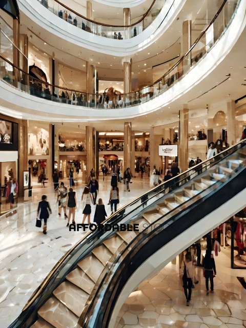 A busy mall with escalators and people walking around