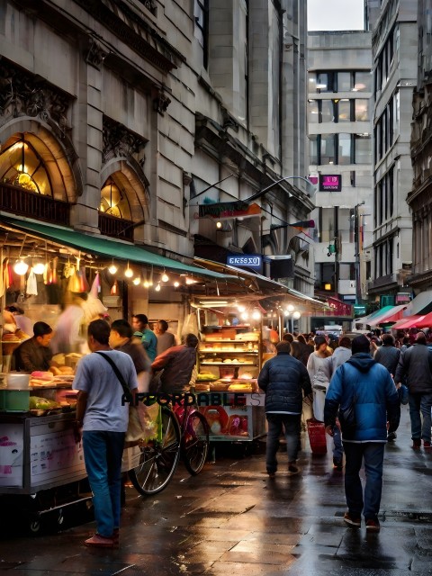 People walking down a street with food stands