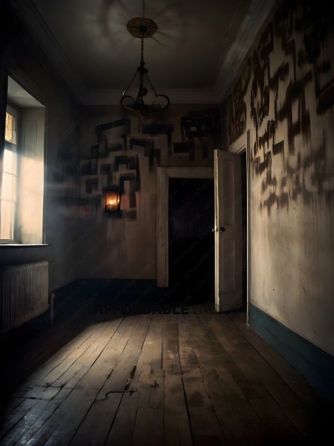 A dark room with a doorway and a light