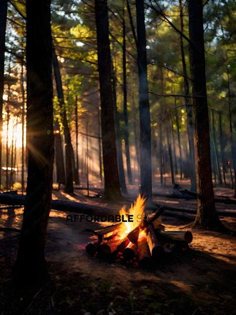 A fire in the woods with a sunset in the background