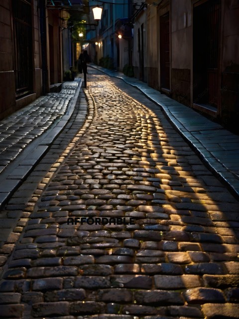 A cobblestone street with a person walking down it