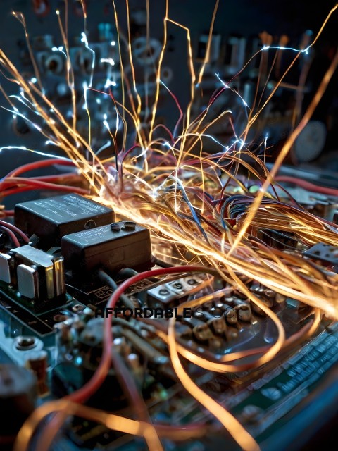 A close up of a circuit board with many wires and sparks