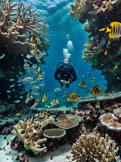 Diver in a black wet suit swimming underwater surrounded by colorful fish