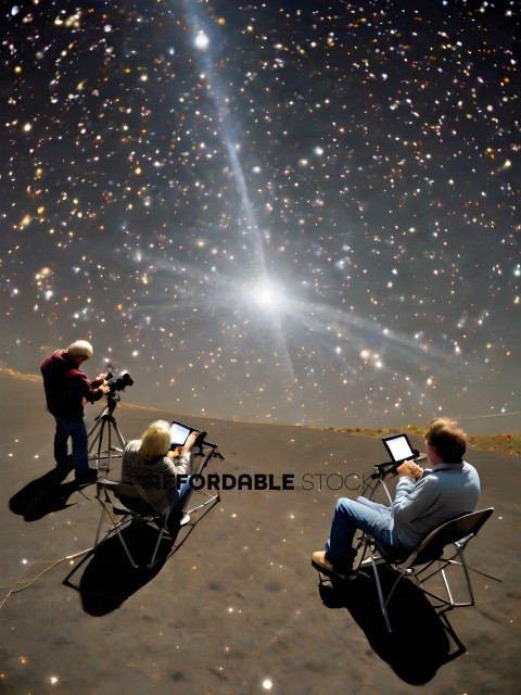 Three people sitting in chairs looking at the stars
