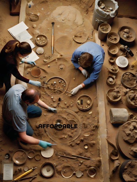 Three people working on a clay table