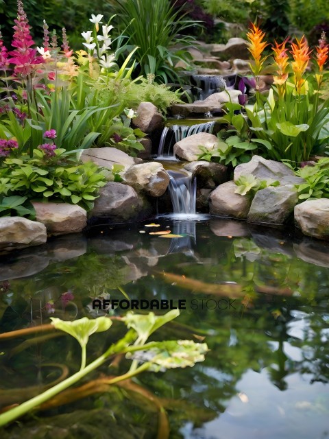 A waterfall in a garden with plants and rocks