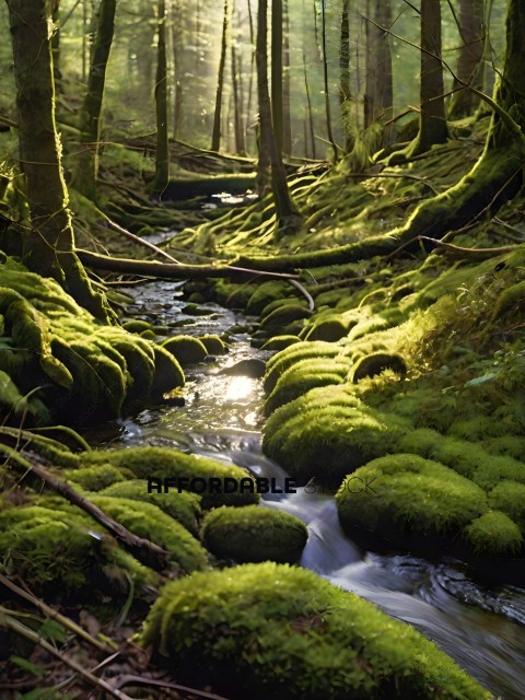 A stream with moss growing on the sides