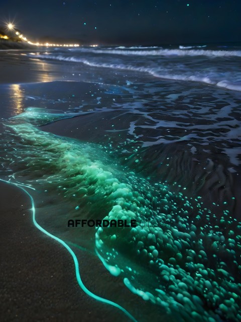 A glowing green substance on the beach