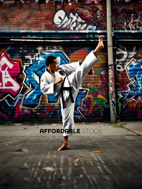 A man in a white karate uniform kicking his leg up