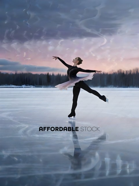 A female ice skater performs a graceful pose on the ice