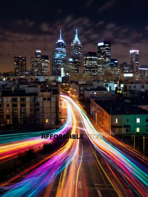 A city street at night with a brightly lit skyline