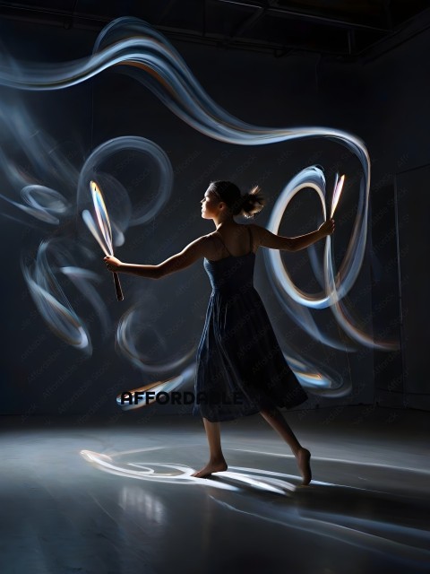 A woman in a blue dress is dancing with a lighted torch