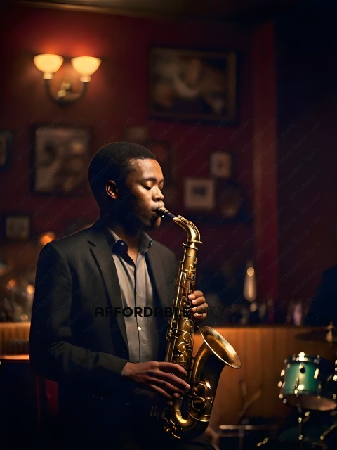 A man playing a saxophone in a bar