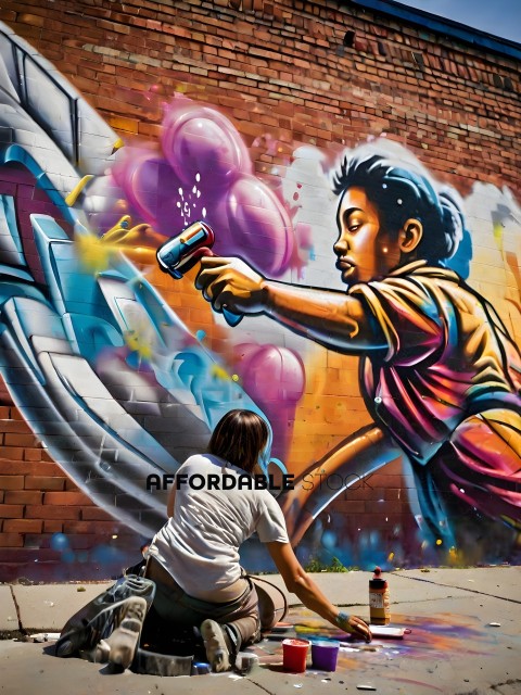 A woman painting a mural of a young girl holding a paintbrush