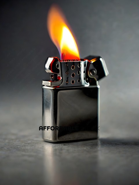 A small silver lighter with a flame on it