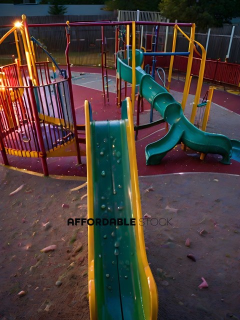 A playground with a green slide and yellow slide