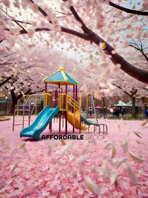 Pink Cherry Blossoms Falling on Playground Equipment
