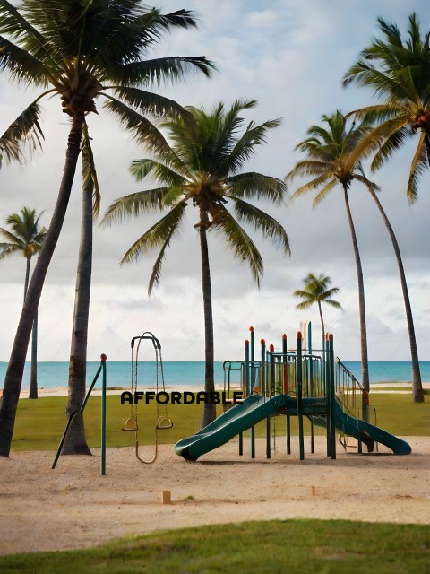 A playground with a green slide and palm trees
