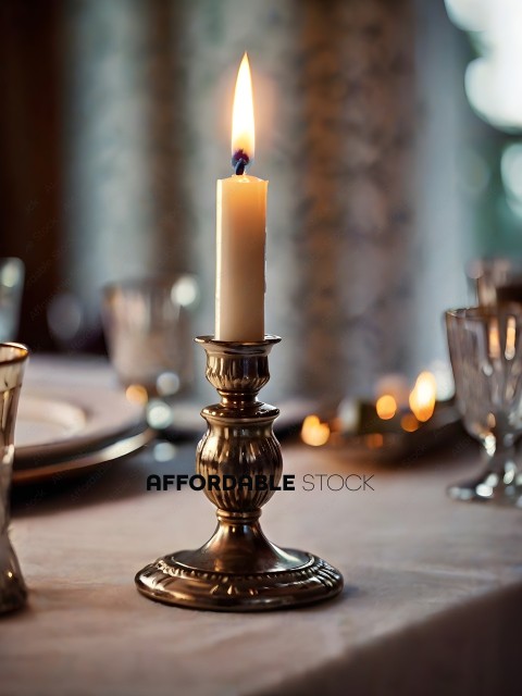 A candle on a silver candle holder