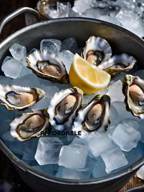 A bowl of oysters with a lemon wedge