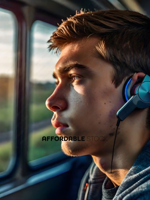 A man wearing headphones and looking out the window