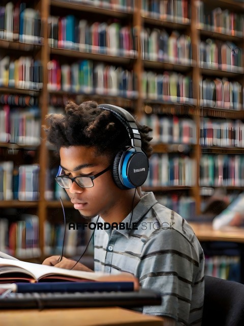 A young man wearing headphones and glasses is reading a book